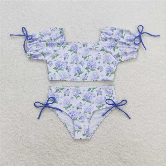 RTS S0330 Baby Girls Summer Swimsuits Lavender Flowers Branches Top Ruffle Bummie