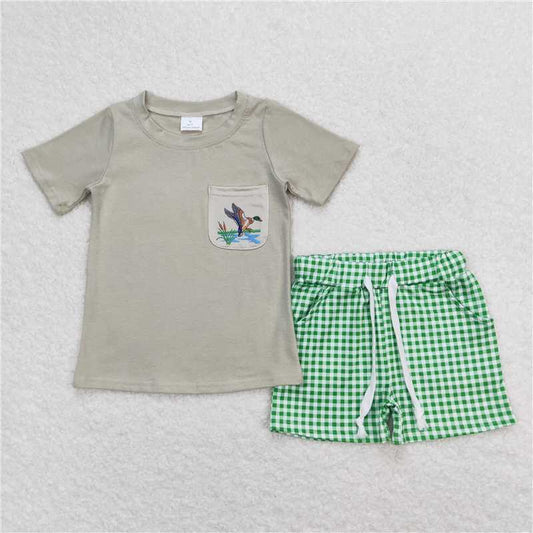 RTS BSSO0734 Baby Boys Summer Clothes Baby Boys Ducks Green Shirt Checkered Shorts Clothes Sets