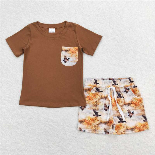 RTS BSSO0776 Baby Boys Summer Clothes Baby Boys Brown Pocket Shirt Top Ducks Shorts Clothes Sets