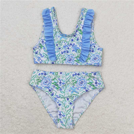 RTS S0279 Baby Girls Summer Blue Flowers Ruffle Top Bummie Swimsuit Infant Swimwear