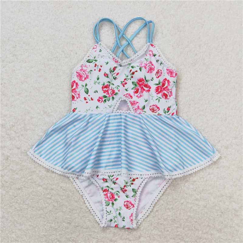 RTS S0248Baby Girls White Pink Flowers Ruffle One Piece Swimsuit Cute Infant Pool Swimwear Summer Beachwear for Little Girls