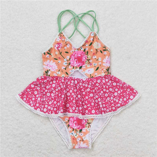 RTS S0249 Baby Girls Orange Flowers Ruffle One Piece Swimsuit Cute Infant Poolwear Summer Beachwear for Little Girls