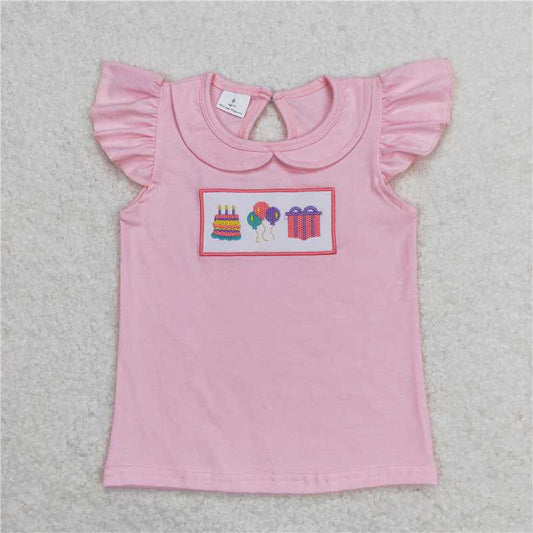 RTS GT0501 Baby Girls Pink Birthday Tee Shirts Tops with Flutter Sleeves Soft Cotton Children's Clothing for Girls