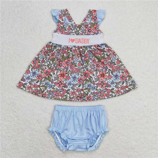 RTS GBO0294 Baby Girls Floral Straps Top And Bummies Clothes Set 'I Love Daddy' Design Infant Outfit Set for Girls