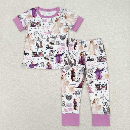 RTS GSPO1414 Baby Toddler Girls Purple Singer Tee Top Pants Pajamas Set Cute Clothing Outfit Set for Infants