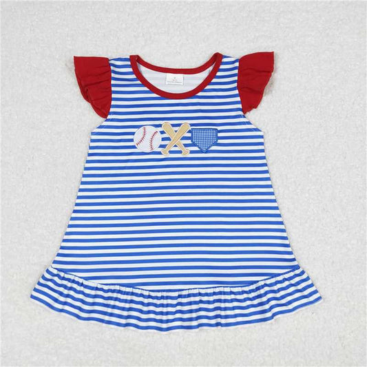 RTS GT0560 Baby Girls Blue Stripes Baseball Flutter Sleeve Tunic Top Infant Outfit Casual Comfortable Soft Fabric Clothing for Little Girls