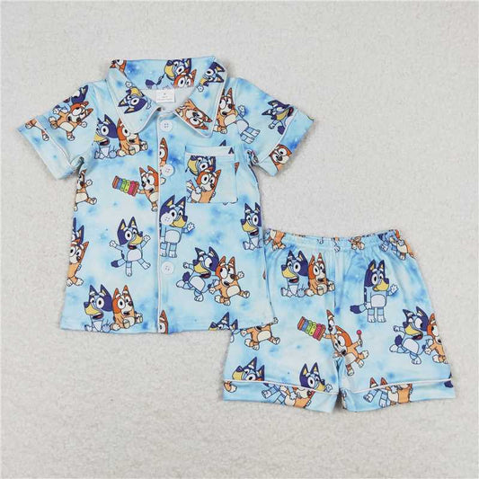 RTS BSSO0817 Baby Boys Summer Clothes Baby Girls Boys Dogs Blue Buttons Shirt Shorts Pajamas Clothes Sets