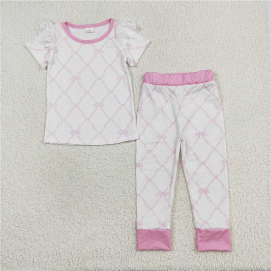 RTS GSPO1517  Baby Girls Bamboo Pink Bows Shirt And Pants Pajamas Set Cute Baby Outfit Clothes Set for Girls