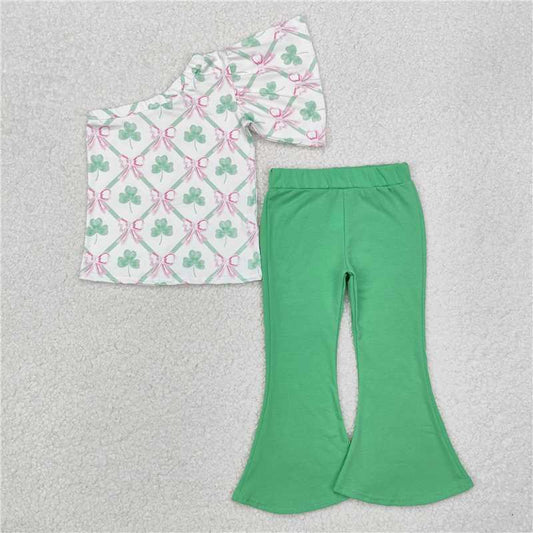 RTS GSPO1793 Baby Girls St. Patrick's Day Quatrefoil Bows One-Shoulder Top with Bell Pants Outfit Set