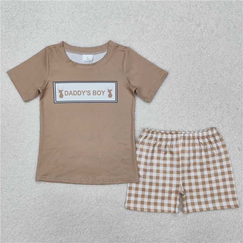 RTS BSSO1130 Baby Boys Summer Clothes Baby Boys Daddy's Boy Deers Top Checkered Shorts Clothes Sets