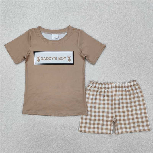 RTS BSSO1130 Baby Boys Summer Clothes Baby Boys Daddy's Boy Deers Top Checkered Shorts Clothes Sets