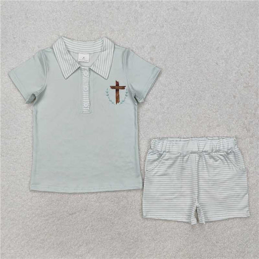 RTS BSSO1025 Baby Boys Summer Clothes Baby Boys Easter Cross Tee Shorts Clothes Sets
