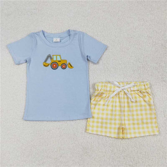 RTS BSSO1117 Baby Boys Summer Clothes Baby Boys Digger Embroidery Shirt Checkered Shorts Clothes Sets