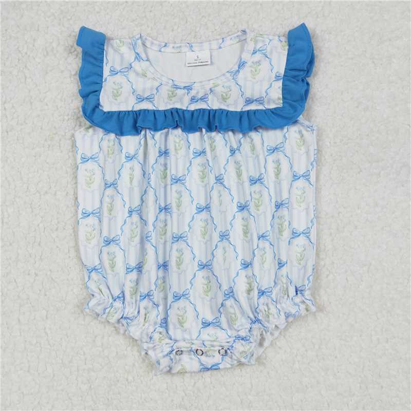 RTS SR2648 Baby Infant Girls Blue Rompers with Bows And Flowers Cute Baby Girl Outfit