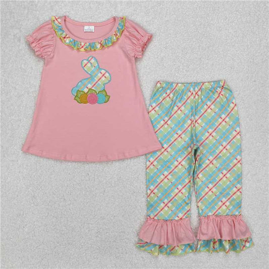 RTS GSPO0974 Baby Girls Easter Outfit Pink Rabbit Flowers Tunic Ruffle Pants Clothing Set for Spring Season