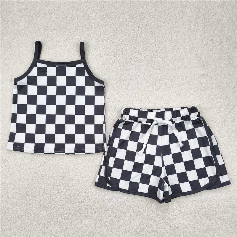 Sibling 4 Colors Baby Girls Strap Plaid Top Short Sports Sets 6.14