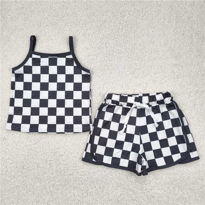 Sibling 4 Colors Baby Girls Strap Plaid Top Short Sports Sets 6.14