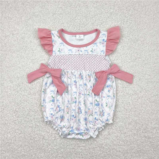 RTS SR2923  Pink Embroidery Baby Infant Girls Ruffle Rompers with Floral Bows Top And Flutter Sleeves