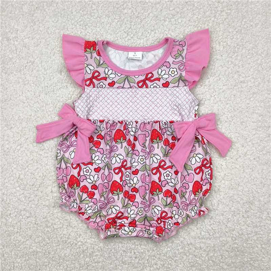 RTS SR2953   Pink Bows Floral Strawberry Embroidery Ruffle Rompers for Baby Girls Infant Clothing Rompers