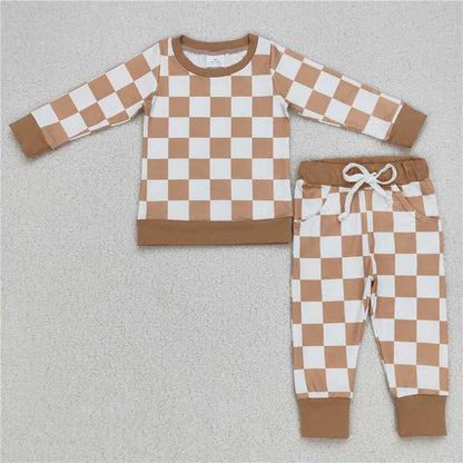 Sibling Boys Checkered Baby Kids Fall Shirt Pants Pajamas Sets