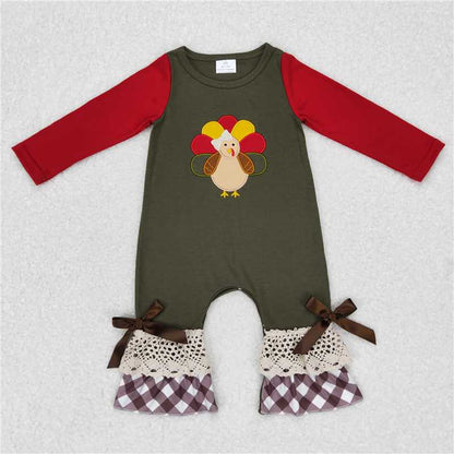 Sibling Baby Girls Boys Thanksgiving Embroidered Turkey Khaki Check Rompers Clothes Sets