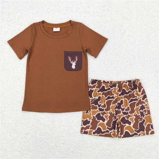 RTS BSSO0302 Baby Boys Brown Camo Deer Pocket Shirt Shorts Clothes Sets