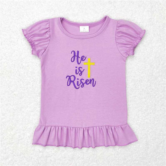 RTS GT0393  Baby Girls Lavender Puffy Short Sleeve Shirt Tops 'He Is Risen' Cross Easter Theme Soft Cotton Clothes for Little Girls