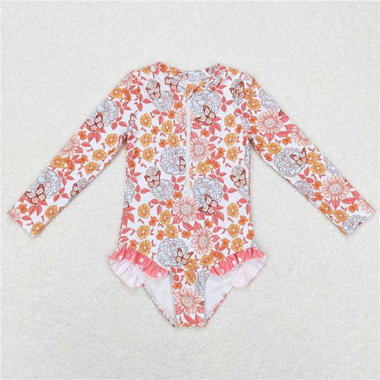 RTS S0184 Baby Girls Summer Floral Butterfly Print Long Sleeve Swimsuit Infant Swimwear