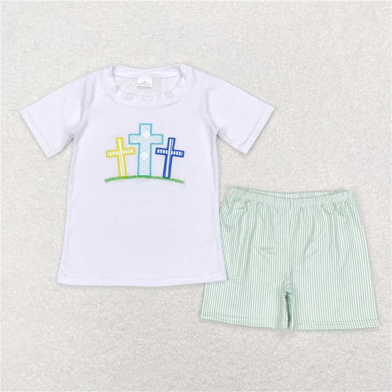 RTS BSSO0337 Baby Boys Easter Cross Green Shirts Shorts Clothes Sets