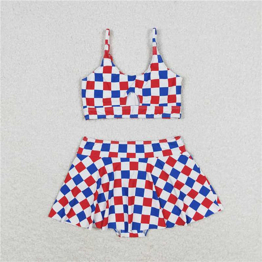 RTS S0287 Baby Girls 2pcs Summer Swimsuit Red Blue Checkered Top And Bottoms Matching Set Infant Swimwear