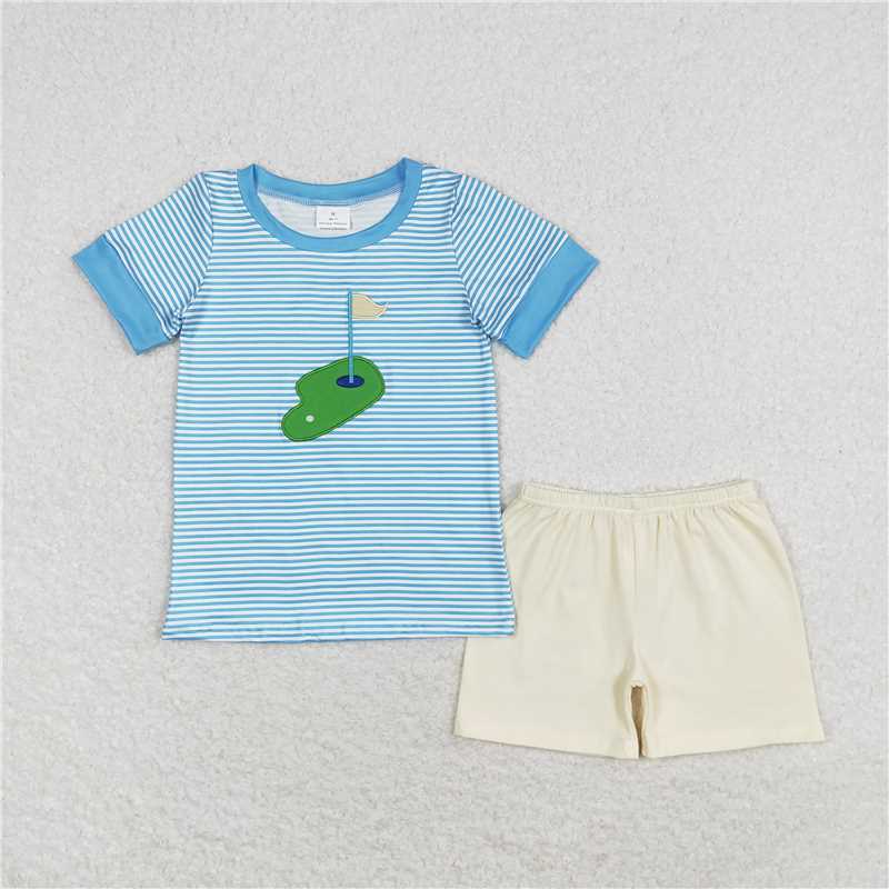 RTS BSSO0592 Baby Boys Summer Clothes Baby Boys Golf Blue Stripes Shirts Shorts Summer Clothes Sets