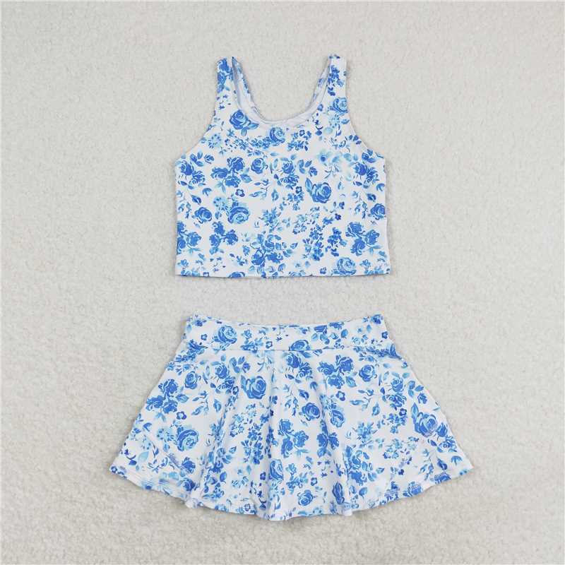 RTS NO MOQ Colorful sleeveless culottes suit Pink floral sleeveless culottes suit Blue flower white sleeveless culottes suit