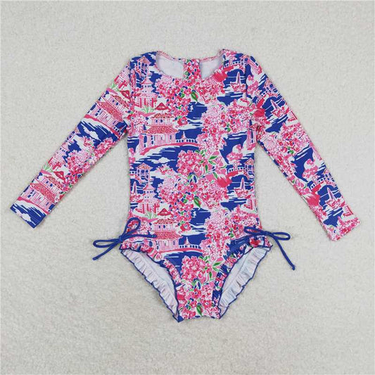 RTS S0376 Baby Girls Pavilion Flowers Long Sleeve One Piece Swimsuit for Infants