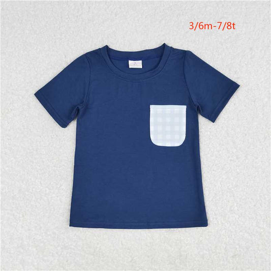 BT0705 Boys Blue plaid pockets dark short-sleeved top