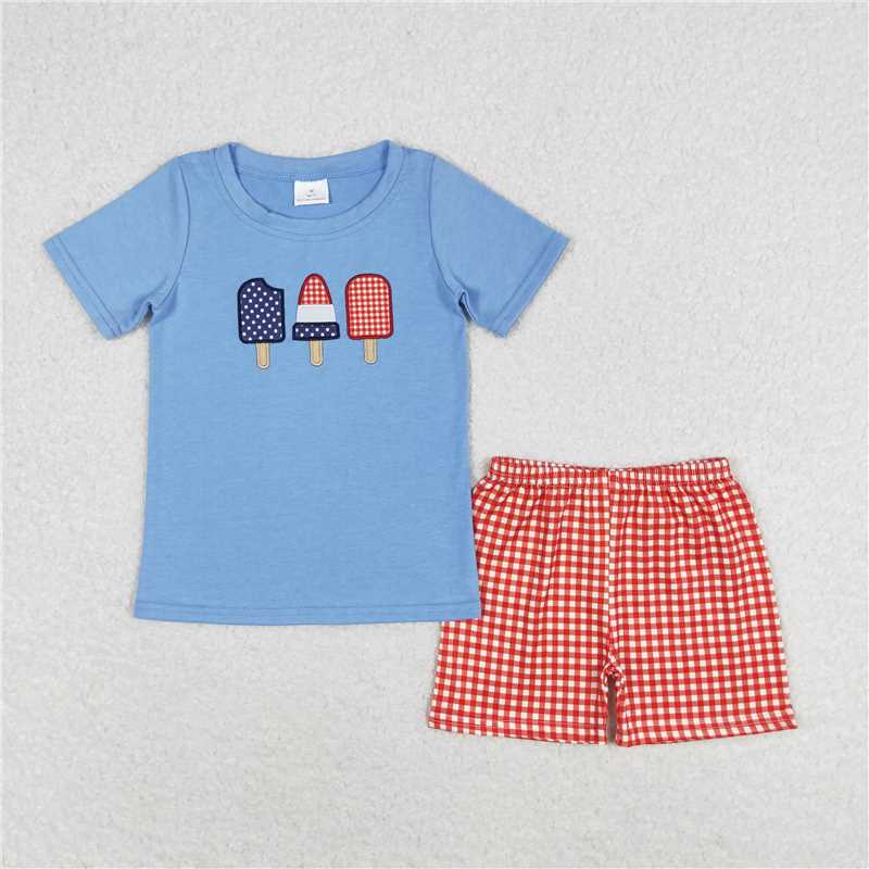 BSSO0744 Embroidered Popsicle ice cream Blue short sleeve red plaid shorts set
