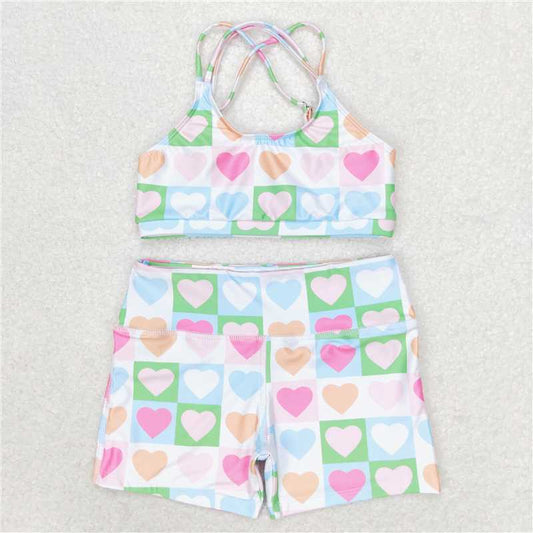 RTS S0373 Baby Girls Pink Hearts Swimsuit Set Top Shorts Outfit for Infants