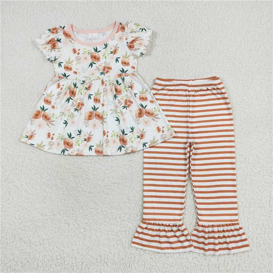 RTS GSPO1570  Baby Girls Orange Flowers Tunic And Stripes Pants Outfit Set Cute Baby Girl Clothing Set