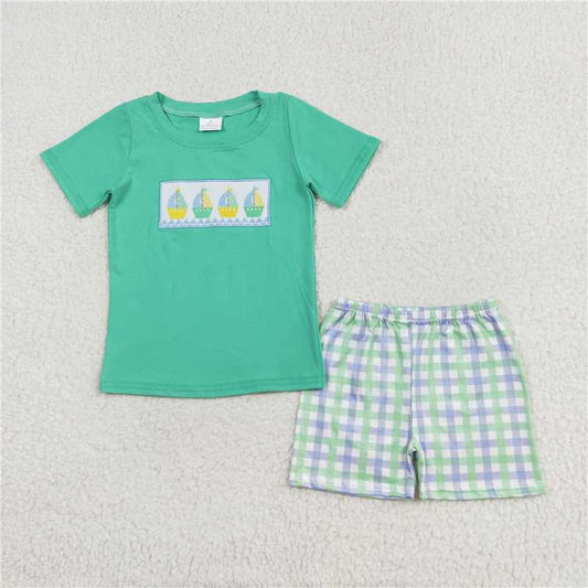 RTS BSSO0887 Baby Boys Summer Clothes Baby Boys Boats Short Sleeve Tee Shirts Tops Checkered Shorts Clothes Sets