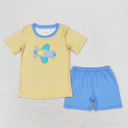 RTS BSSO0724 Baby Boys Summer Clothes Baby Boys Mustard Stripes Plane Shirts Shorts Clothes Sets