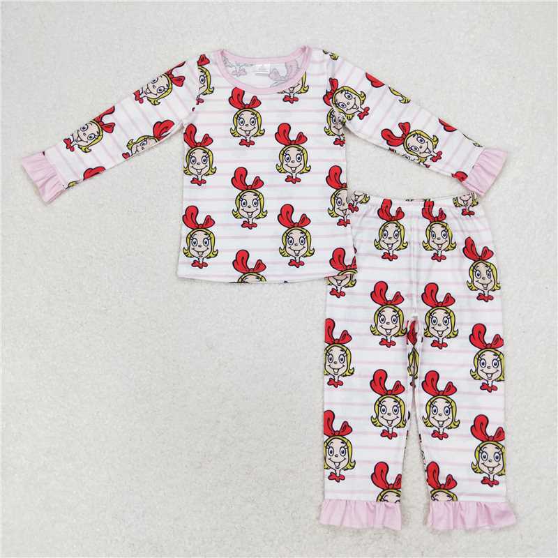 GLP1193 Bamboo Christmas Girls Pink Striped lace Long sleeve trousers pajama set