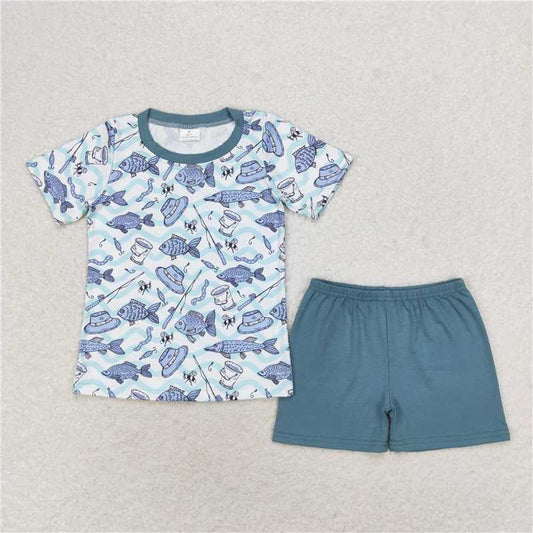 BSSO0994 Fishing wavy line striped blue shorts set