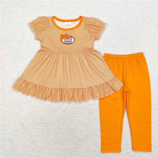 RTS GSPO1674 Baby Girls Orange Stripes Football Tunic And Legging Outfit Set Cute Baby Clothing Set