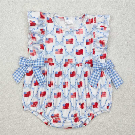 RTS SR2353  Baby Infant Girls Blue Bows Flag Rompers with Bubble Design for Infants