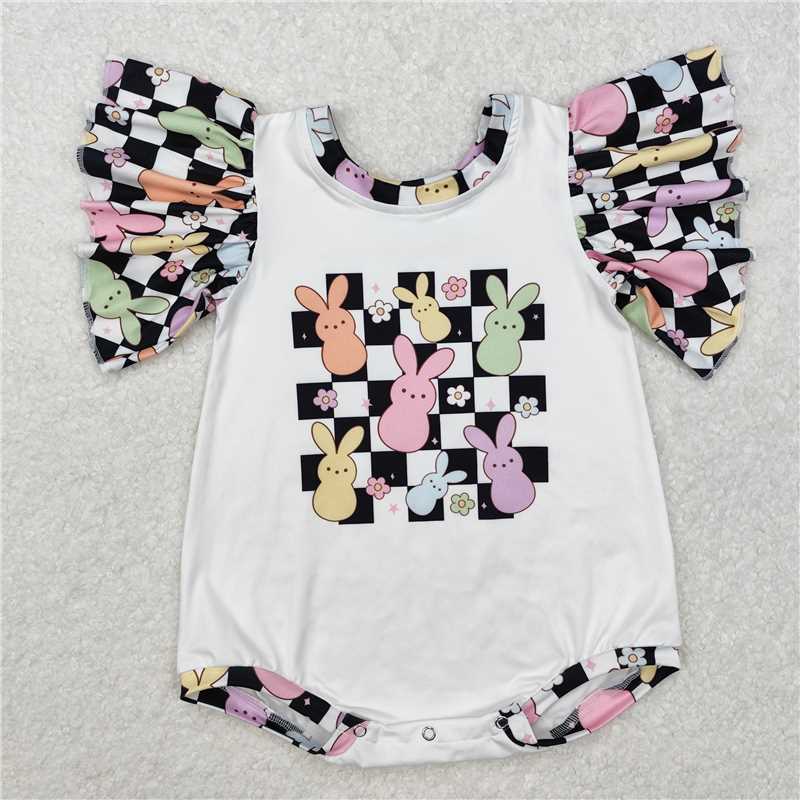 RTS SR2227 Baby Infant Girls Easter Checkered Rompers with Rabbits Print Spring Summer Outfit Baby Clothes Rompers