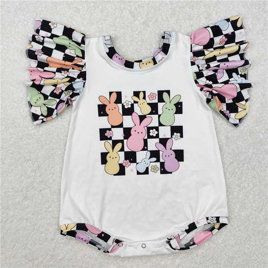 RTS SR2227 Baby Infant Girls Easter Checkered Rompers with Rabbits Print Spring Summer Outfit Baby Clothes Rompers