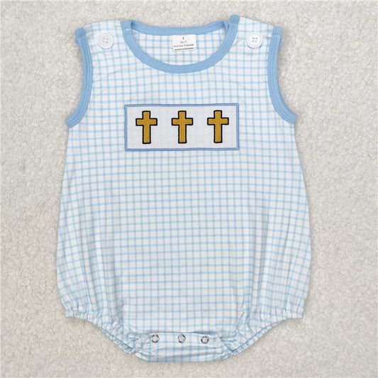 RTS SR2505 Baby Boys Romper Embroidery Baby Infant Boys Blue Checkered Easter Cross Rompers
