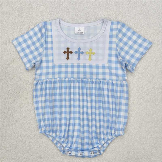 RTS SR2134 Baby Boys Romper Baby Infant Boys Easter Blue Checkered Cross Rompers