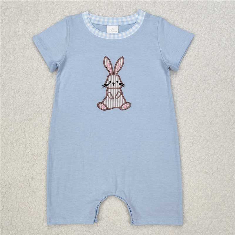 RTS SR2404 Baby Boys Romper Embroidery Baby Infant Boys Blue Easter Rabbit Short Sleeve Rompers