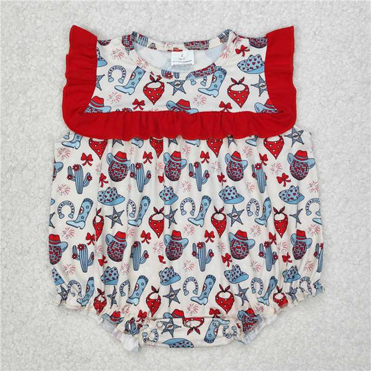 RTS SR2680 Baby Girls Cactus Rompers 4th of July Western Theme Cotton Sun Hats for Infants Baby Girl's Summer Outfit Set