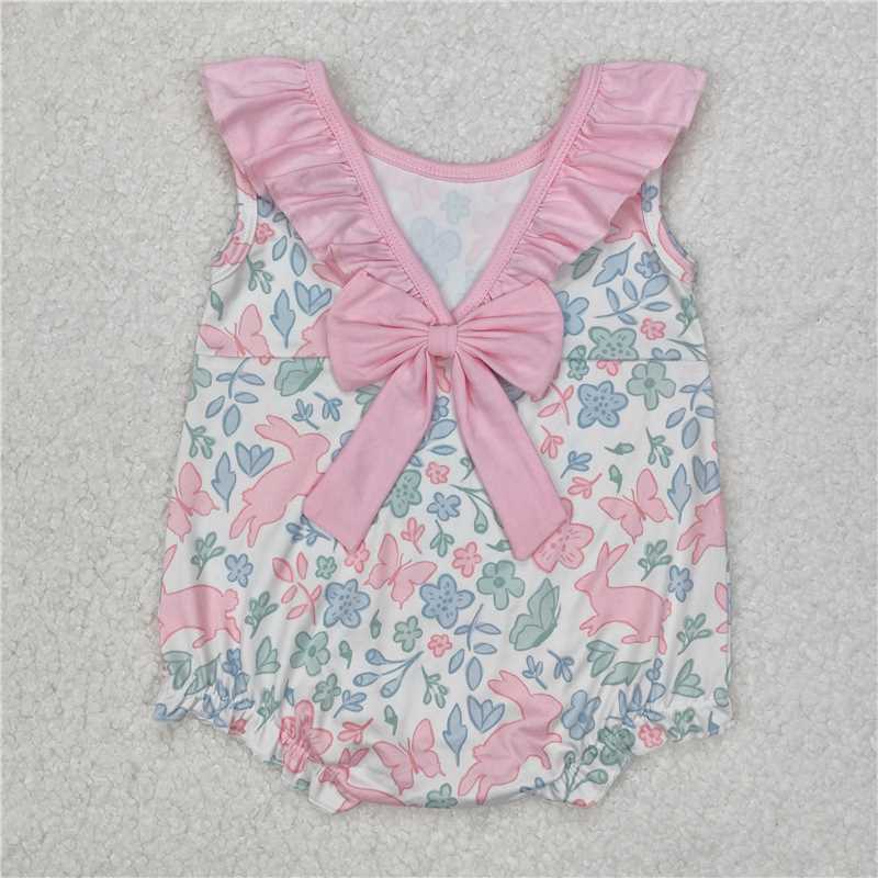 RTS SR2546 Baby Infant Girls Easter Rompers with Pink Flowers Cute Bunnies